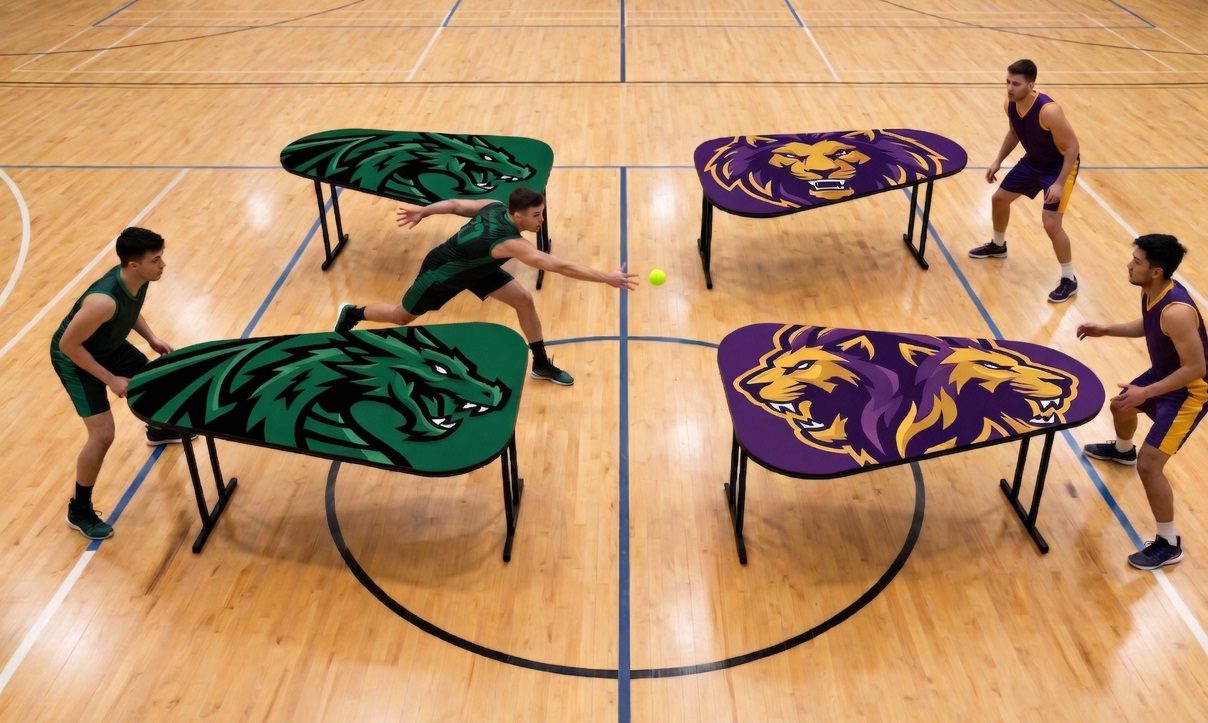 Four players in a gym playing Hantis on four tables arranged in a square